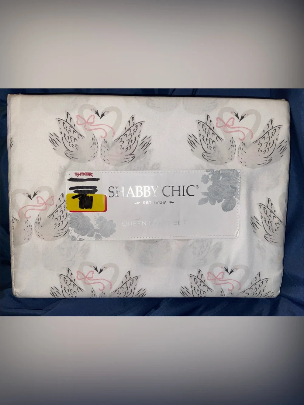 Shabby Chic White Sheet Set with Pink & Gray Swan Motif